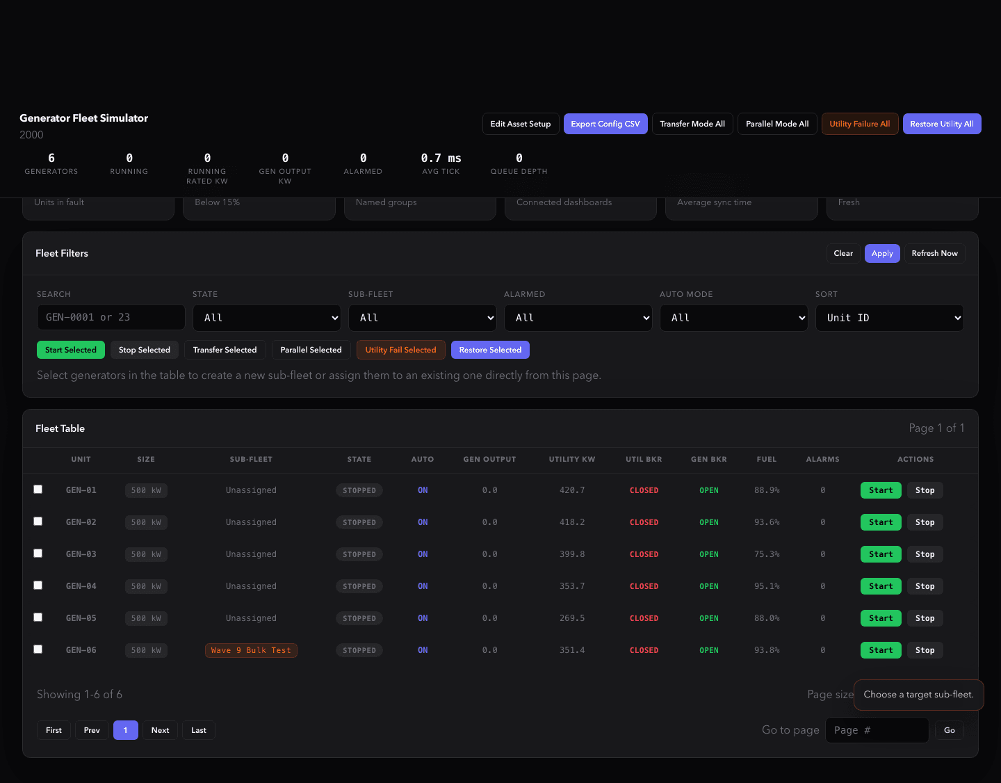 Active Generator Fleet Simulator dashboard with fleet telemetry, filters, commands, and generator rows