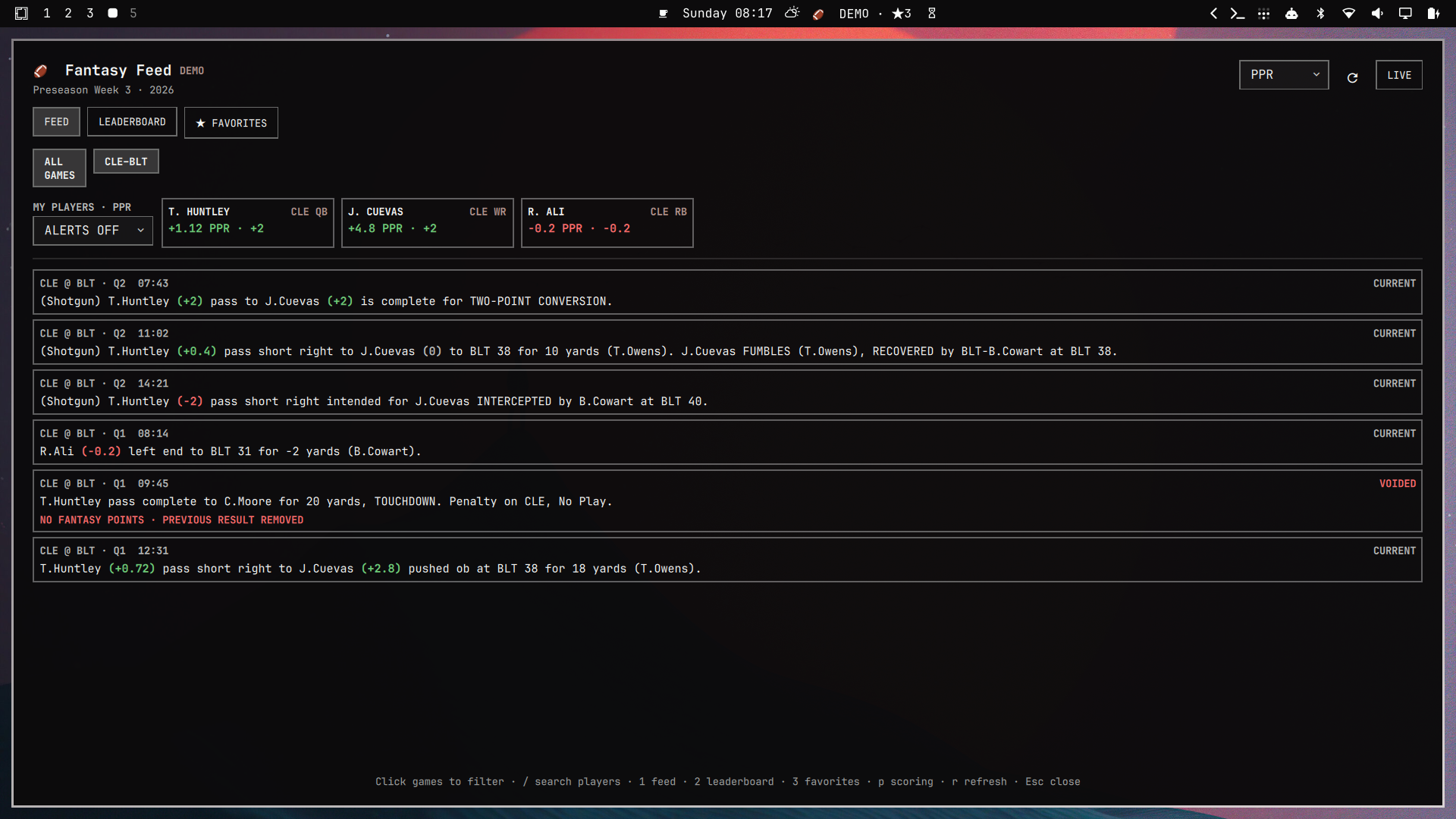 Fantasy Feed on the Omarchy desktop
