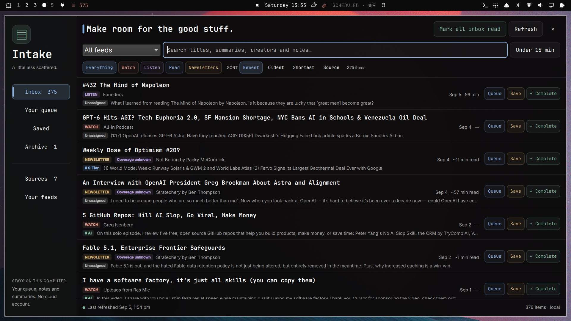 Intake on the Omarchy desktop